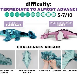 May include: A guide to sewing two plush toys, a blue plesiosaur and a pink hydra. The difficulty level is rated as intermediate to almost advanced, 5-7 out of 10. The guide highlights four challenges: sewing precise curves, sewing large pieces, ladder stitching, and matching points.