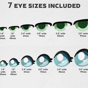 May include: Seven different sizes of cartoon eyes, ranging from 0.9 inches to 3.9 inches wide, are shown in two rows. The eyes are drawn in a simple style with black outlines and green or blue irises.