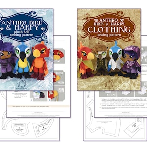 May include: A sewing pattern for making plush anthropomorphic bird and harpy dolls. The pattern includes instructions and templates for creating the dolls' bodies and clothing. The image shows a group of four dolls, including a blue bird, a red bird, a brown owl, and a purple harpy.
