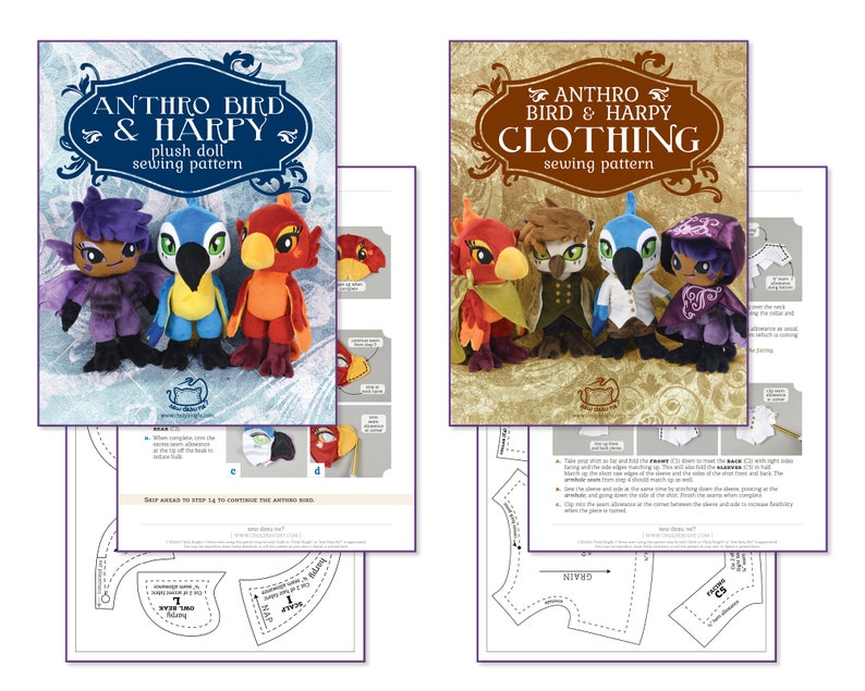 May include: A sewing pattern for making plush anthropomorphic bird and harpy dolls. The pattern includes instructions and templates for creating the dolls' bodies and clothing. The image shows a group of four dolls, including a blue bird, a red bird, a brown owl, and a purple harpy.