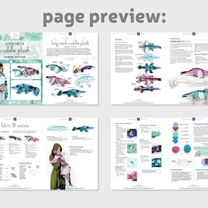 May include: A sewing pattern for a long neck cuddle plush toy. The pattern includes instructions for making a dragon with a long neck, wings, and a tail. The pattern is available in two color options: blue and pink.