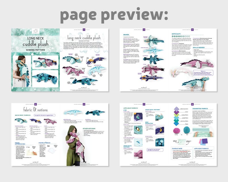 May include: A sewing pattern for a long neck cuddle plush toy. The pattern includes instructions for making a dragon with a long neck, wings, and a tail. The pattern is available in two color options: blue and pink.