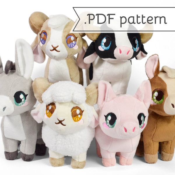 Farm Mammals Animals Plush Sewing Pattern .pdf Tutorial Sheep Pig Cow Goat Donkey Pony