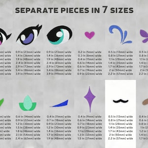May include: A chart showing seven different embroidery designs in seven sizes. The designs include eyes, a heart, a swirl, a butterfly, a flower, a diamond, a mustache, and an eyebrow. The chart shows the width of each design in inches and millimeters.