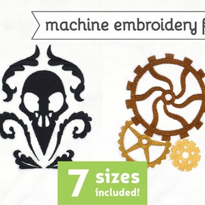 Könnte beinhalten: Maschinenstickdatei mit einem schwarzen Totenkopf mit floralen Akzenten und einem Satz brauner Zahnräder. Das Design ist in 7 Größen erhältlich.
