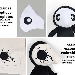 Puede incluir: Un juguete de peluche negro y blanco con un pico largo y ojos grandes. El juguete se muestra con dos dise&ntilde;os de aplique diferentes para los ojos, uno con un c&iacute;rculo simple y el otro con un dise&ntilde;o m&aacute;s intrincado. La lista incluye plantillas de aplique para m&aacute;quinas de coser est&aacute;ndar y costura a mano, as&iacute; como archivos de bordado para m&aacute;quinas de bordar.
