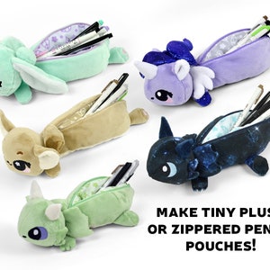 May include: Five plush pencil pouches in different animal shapes, including a bunny, a unicorn, a deer, a dragon, and a dinosaur. Each pouch is open and filled with pens and pencils. The pouches are all made of soft, colourful fabric. The text "MAKE TINY PLUSH OR ZIPPERED PENCIL POUCHES!" is at the bottom of the image.