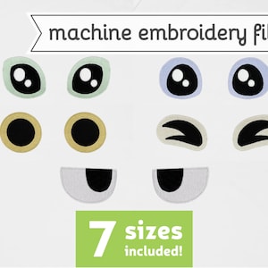 May include: Machine embroidery file for creating cute cartoon eyes, eyebrows, and mouths. The file includes 7 different sizes. The eyes are in green, blue, and yellow colors.