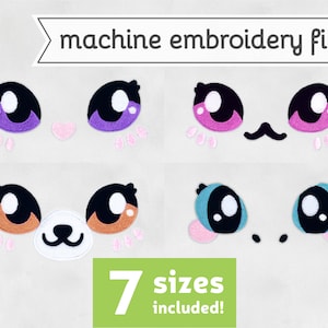 May include: Machine embroidery file featuring seven different cute cartoon animal eyes with eyelashes, blush, and noses. The eyes are in various colours, including purple, pink, brown, and blue. The text "7 sizes included!" is at the bottom of the image.
