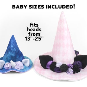 May include: Two witch hats with different colored fabric and embellishments. The smaller hat is blue with a unicorn horn and ears, and the larger hat is pink with black cat ears. The text "fits heads from 13"-25" is written on the image.