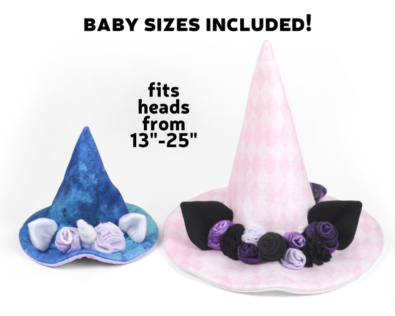 May include: Two witch hats with different colored fabric and embellishments. The smaller hat is blue with a unicorn horn and ears, and the larger hat is pink with black cat ears. The text "fits heads from 13"-25" is written on the image.