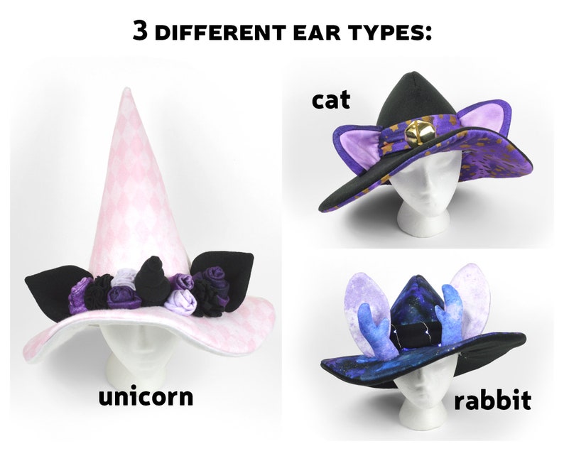 May include: Three witch hats with different ear types: a pink hat with unicorn ears, a black hat with cat ears, and a blue hat with rabbit ears. The hats are all on mannequin heads.