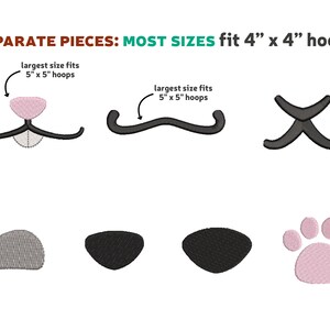 以下が含まれることがあります： 犬の顔のデザインのための別々の刺繍作品。作品には、ピンクの鼻、黒い目、灰色の鼻、黒い口、ピンクの足跡、黒い口ひげが含まれています。最大の作品は5インチ&times;5インチのフープに、小さい作品は4インチ&times;4インチのフープに適合します。
