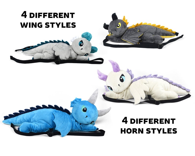 May include: Four plush dragon backpacks with different wing and horn styles. The dragons are in various colors, including gray, white, blue, and purple. The text "4 DIFFERENT WING STYLES" and "4 DIFFERENT HORN STYLES" is visible in the image.