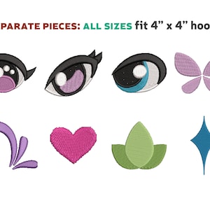 May include: Eight embroidery designs for a 4" x 4" hoop. The designs include a butterfly, a heart, a flower, a star, and three different eye designs.