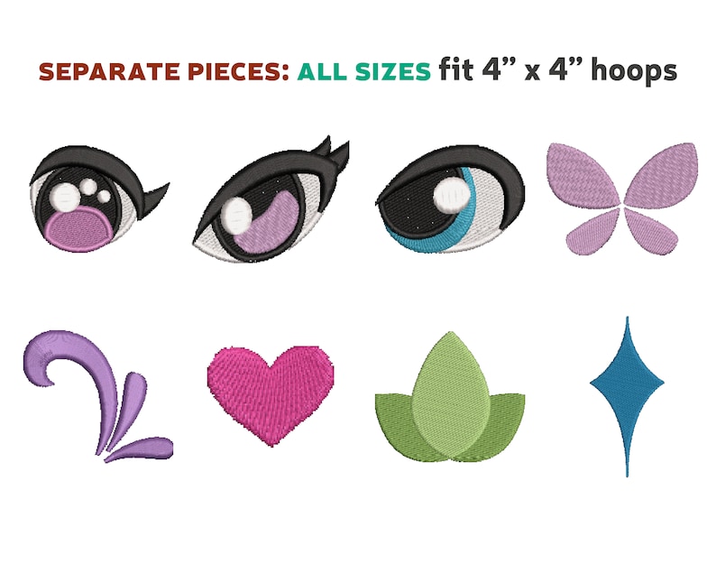 May include: Eight embroidery designs for a 4" x 4" hoop. The designs include a butterfly, a heart, a flower, a star, and three different eye designs.