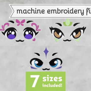 Puede incluir: Tres caras de dibujos animados bordadas con ojos grandes, cada una con una expresión y un diseño diferente. Las caras son en tonos de morado, azul, verde y marrón. El texto "7 tamaños incluidos!" está en la parte inferior de la imagen.
