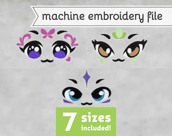 May include: Three embroidered cartoon faces with large eyes, each with a different expression and design. The faces are in shades of purple, blue, green, and brown. The text "7 sizes included!" is at the bottom of the image.