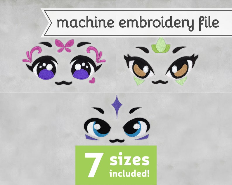 May include: Three embroidered cartoon faces with large eyes, each with a different expression and design. The faces are in shades of purple, blue, green, and brown. The text "7 sizes included!" is at the bottom of the image.
