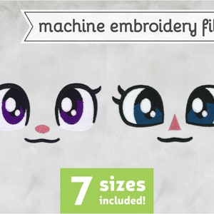 May include: Two cartoon faces with large eyes, one with purple eyes and the other with blue eyes. The faces are smiling and have a small nose. The text "machine embroidery file" is at the top of the image and "7 sizes included!" is at the bottom.