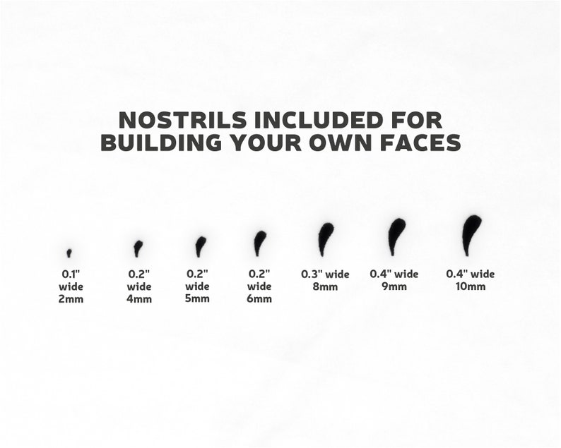 May include: A white background with the text "NOSTRILS INCLUDED FOR BUILDING YOUR OWN FACES." Below the text are seven black nostril shapes, each with a width measurement in inches and millimeters, ranging from 0.1" wide (2mm) to 0.4" wide (10mm).