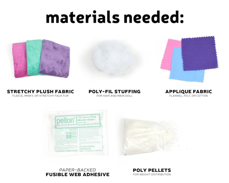 Puede incluir: Materiales necesarios para hacer una mu&ntilde;eca de peluche: tela de felpa el&aacute;stica en rosa, verde y morado, relleno de fibra de poli&eacute;ster blanco, tela de aplique azul, rosa y morado, adhesivo de tela termoadhesivo con respaldo de papel y bolitas de poliestireno blancas.