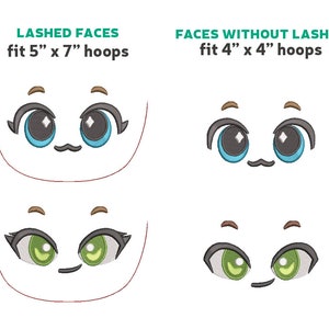 May include: Two sets of cartoon eyes with different lash styles. The top set has lashes and fits a 5 inch by 7 inch hoop. The bottom set has no lashes and fits a 4 inch by 4 inch hoop.