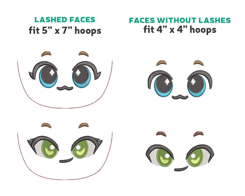 May include: Two sets of cartoon eyes with different lash styles. The top set has lashes and fits a 5 inch by 7 inch hoop. The bottom set has no lashes and fits a 4 inch by 4 inch hoop.