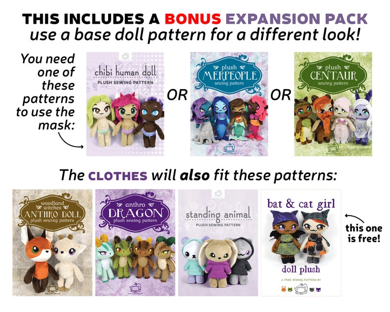 Puede incluir: Una colecci&oacute;n de patrones de costura de peluche para mu&ntilde;ecas, que incluye una mu&ntilde;eca chibi humana, sirenas, un centauro, una mu&ntilde;eca anthro de brujas del bosque, un drag&oacute;n anthro, un animal de pie y un patr&oacute;n gratuito de murci&eacute;lago y ni&ntilde;a gato. Los patrones est&aacute;n ilustrados con im&aacute;genes coloridas de las mu&ntilde;ecas.