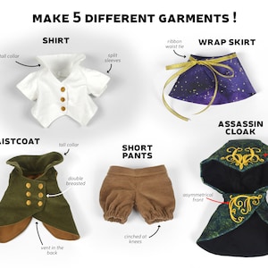 May include: Five different clothing patterns for making doll clothes: a white shirt with a tall collar, a green waistcoat with a double breasted front, brown short pants, a purple wrap skirt with a gold ribbon, and a green assassin cloak with a pointed hood.