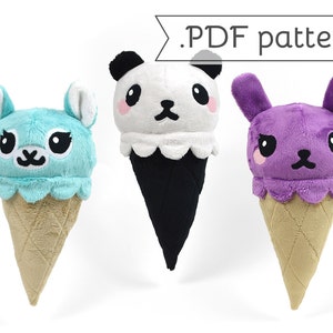 Animal Ice Cream Cone Plush .pdf Sewing Pattern Panda Fox Kitty Bunny Alpaca