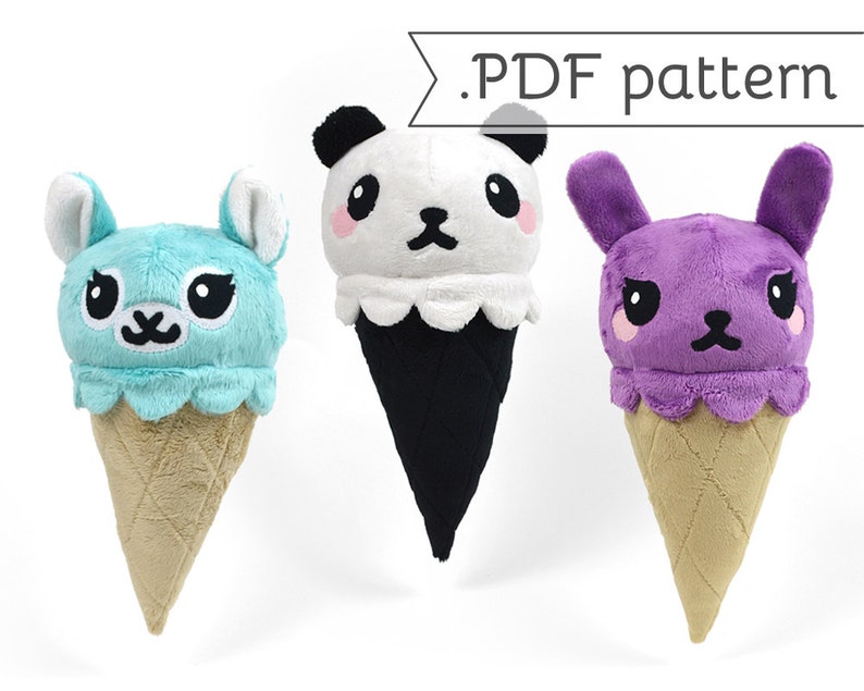 May include: Three plush ice cream cone toys with animal faces. The ice cream is blue, white, and purple. The cones are tan. The text .PDF pattern is at the top of the image.