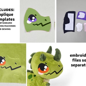 Puede incluir: Patr&oacute;n de aplique de drag&oacute;n de peluche verde con instrucciones para coser a mano o a m&aacute;quina. Incluye plantillas de aplique para m&aacute;quinas de coser est&aacute;ndar y costura a mano. Archivos de bordado vendidos por separado.