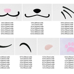 May include: A set of 10 different black and white cat face stickers with measurements in inches and millimeters. The stickers include a cat nose, whiskers, eyes, and a mouth.