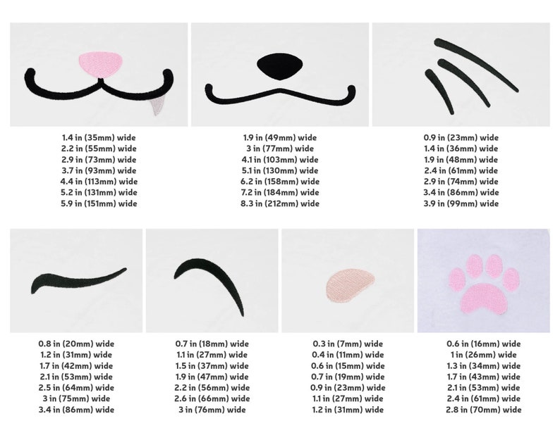 May include: A set of 10 different black and white cat face stickers with measurements in inches and millimeters. The stickers include a cat nose, whiskers, eyes, and a mouth.