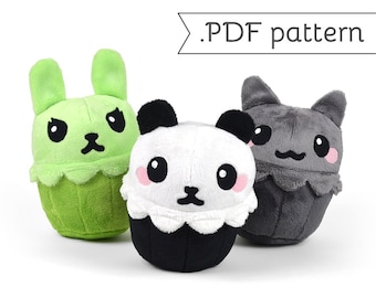 Animal Cupcake Plush .pdf Sewing Pattern Panda Bunny Alpaca Fox Kitty