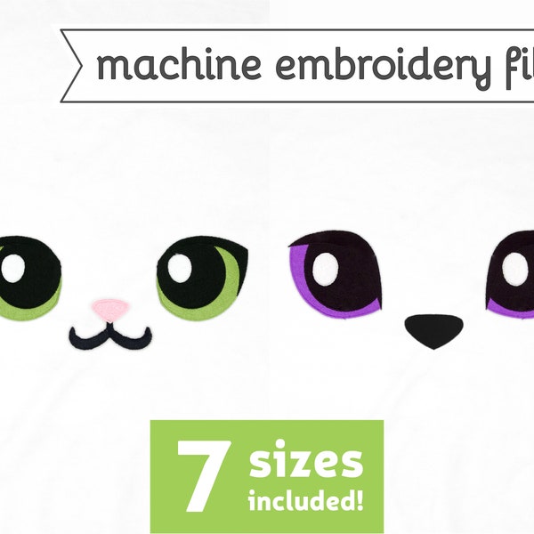 Cat Eyes Machine Embroidery File Design for Plush 7 Sizes Kitty Paw Nose