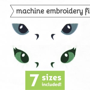 Może przedstawiać: Plik do haftu maszynowego z dwoma parami oczu, jedną parą zielonych i jedną parą szarych. Tekst "7 rozmiarów w zestawie!" znajduje się na zielonym prostokącie.