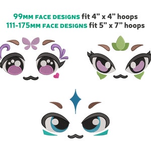 May include: Three embroidered face designs for embroidery hoops. The first design is a cute face with purple flowers, a butterfly, and a pink heart. The second design is a face with green leaves and pink eyes. The third design is a face with a blue diamond and blue eyes. 99mm designs fit 4" x 4" hoops. 111-175mm designs fit 5" x 7" hoops.