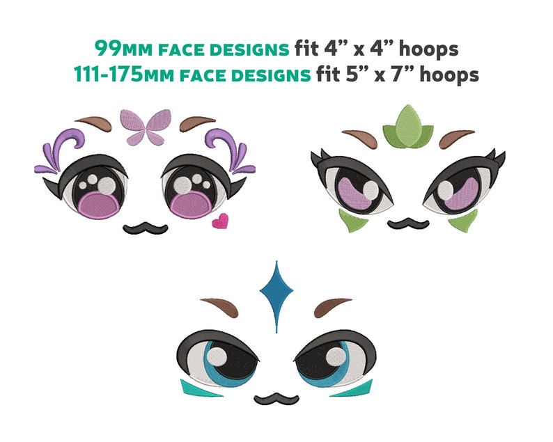 May include: Three embroidered face designs for embroidery hoops. The first design is a cute face with purple flowers, a butterfly, and a pink heart. The second design is a face with green leaves and pink eyes. The third design is a face with a blue diamond and blue eyes. 99mm designs fit 4" x 4" hoops. 111-175mm designs fit 5" x 7" hoops.