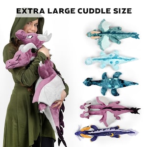 May include: Five plush dragon toys in various colors, including purple, blue, and teal. The dragons are all in the extra large cuddle size.  The text "EXTRA LARGE CUDDLE SIZE" is at the top of the image.