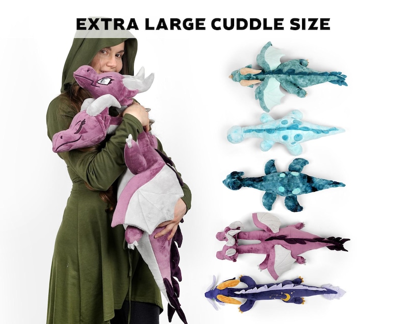 May include: Five plush dragon toys in various colors, including purple, blue, and teal. The dragons are all in the extra large cuddle size.  The text "EXTRA LARGE CUDDLE SIZE" is at the top of the image.