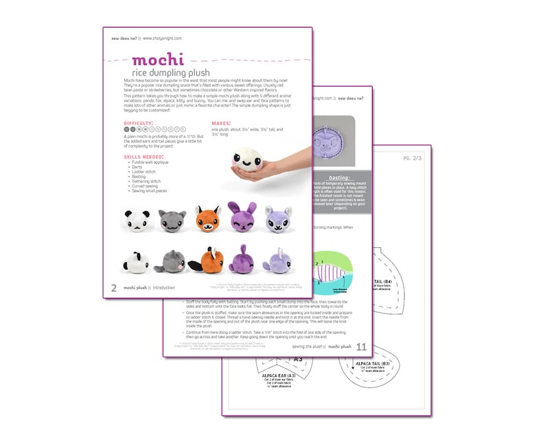 Pu&ograve; includere: Un cartamodello per cucire peluche mochi a forma di bocconcini di riso. Il cartamodello include istruzioni e diagrammi per cucire il peluche, oltre a un elenco dei materiali necessari. Il cartamodello &egrave; per una variet&agrave; di personaggi mochi, tra cui un panda, una volpe, un coniglio, un gatto, un narvalo e un alpaca.