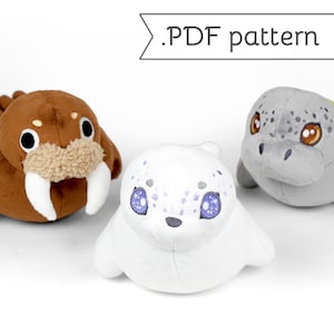 May include: A PDF pattern for sewing three plush toys: a brown walrus, a white seal, and a gray seal with green accents. The toys have large eyes and are designed to be cute and cuddly.