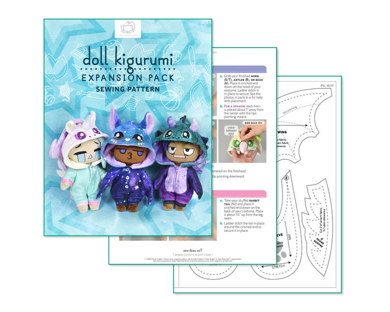 Doll Kigurumi Animal Costume Expansion Pack Sewing Pattern .pdf Tutorial Cat Bat Unicorn Dragon image 8