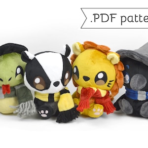 Lion Raven Snake Badger Plush with Scarf & Witch Hat Sewing Pattern Bundle .pdf Tutorial Wizard