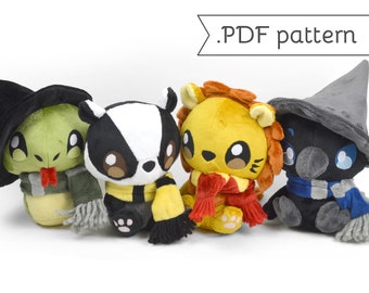 Lion Raven Snake Badger Plush with Scarf & Witch Hat Sewing Pattern Bundle .pdf Tutorial Wizard