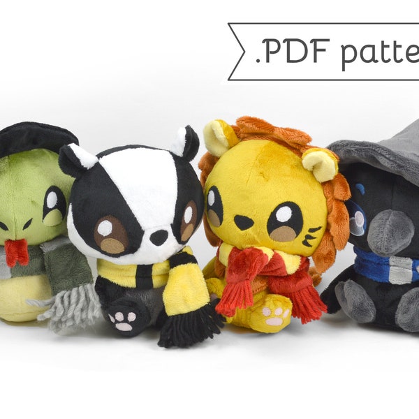 Lion Raven Snake Badger Plush with Scarf & Witch Hat Sewing Pattern Bundle .pdf Tutorial Wizard