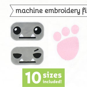 May include: Machine embroidery file with two gray faces with different expressions and a pink paw print. The text "10 sizes included!" is at the bottom of the image.