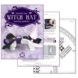 May include: A sewing pattern for a witch hat with animal ears. The pattern includes instructions and diagrams for making the hat, as well as a list of materials needed. The pattern is printed on A4 paper and includes a 1/2 inch seam allowance.